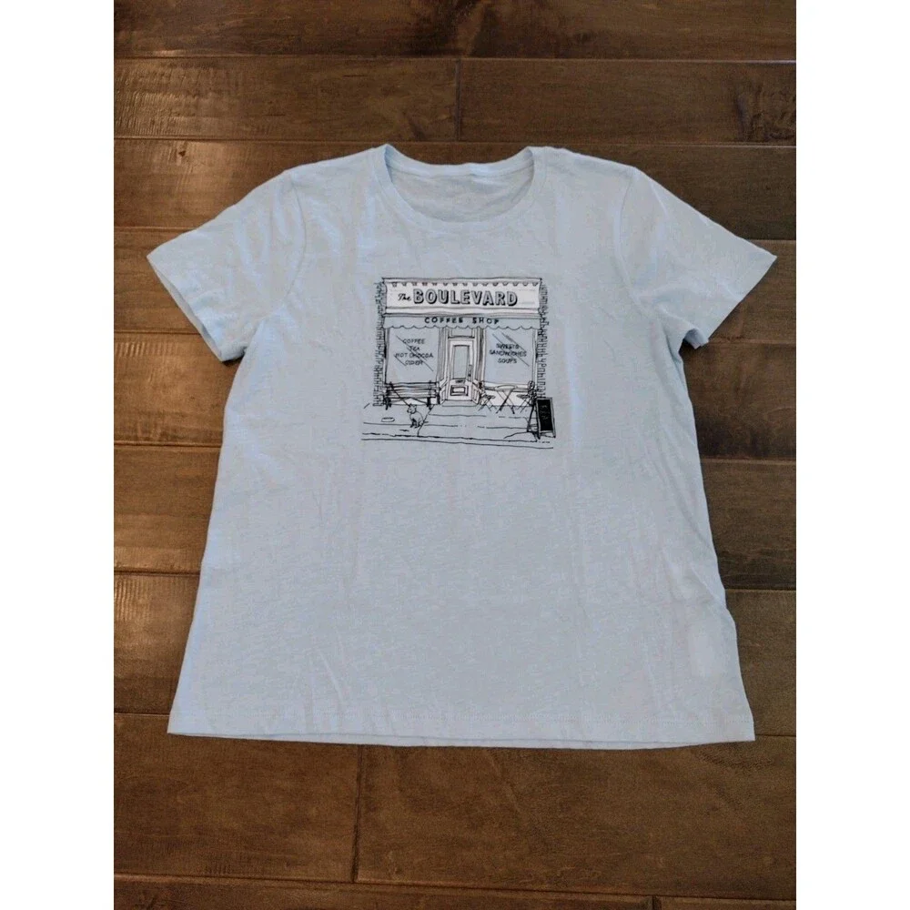 J.CREW Women's Collector light blue short-sleeve Boulevard Coffee Shop t-shirt M